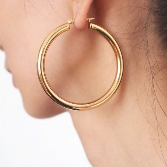 ¥NEW 18K YELLOW GOLD ROUND 1.2” Tube HOOP EARRINGS - Picture 3 of 6